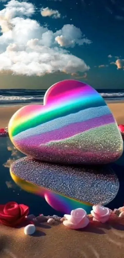 Colorful heart reflecting on a sandy beach with roses and ocean view.