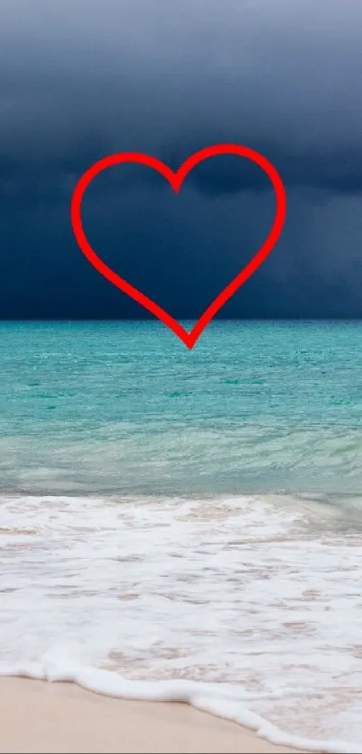 Red heart over a tropical beach with stormy skies and blue ocean.