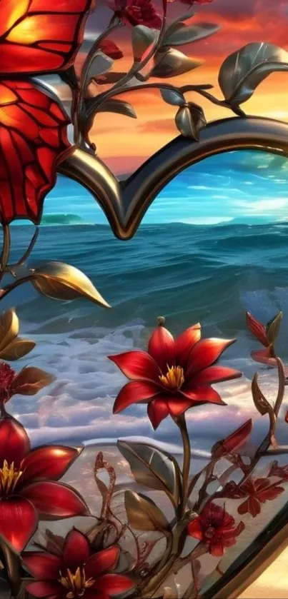 Heart-shaped frame with flowers on a beach sunset background.