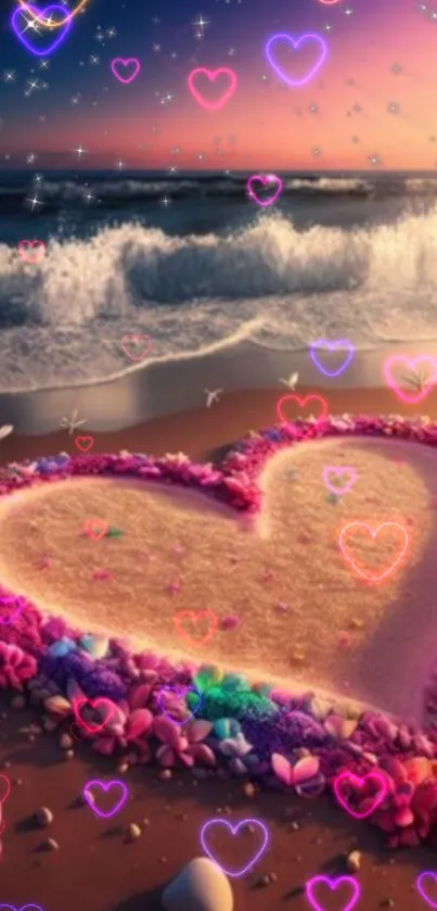 Heart-shaped sand art on a beach with a sunset and ocean waves.