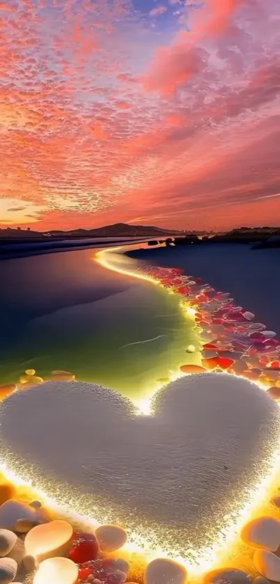 Heart-shaped sunset beach with glowing path and colorful pebbles.