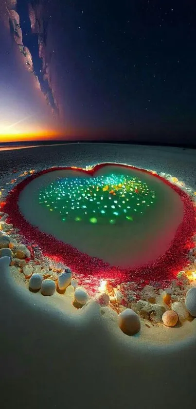 Heart-shaped beach scene under a starry sky with colorful lights.