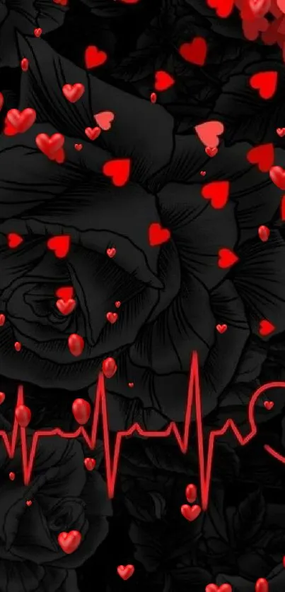 Romantic wallpaper with red hearts and heartbeat line on black background.