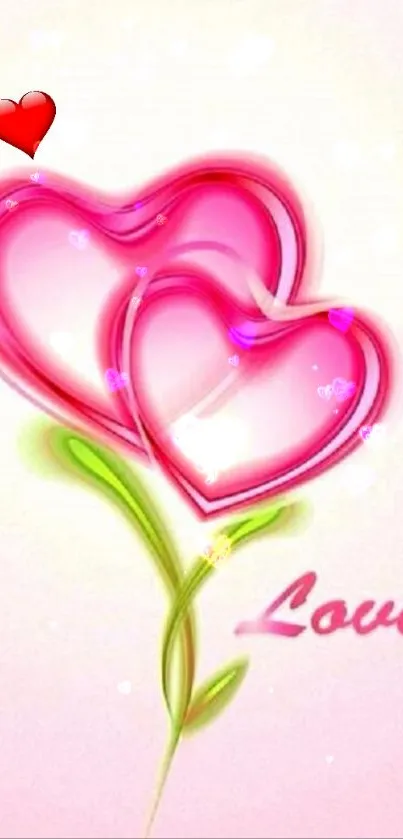 Pink and red heart flower with 'Love' text on wallpaper.