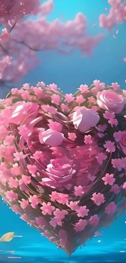 Heart-shaped floral design with pink cherry blossoms on a blue backdrop.