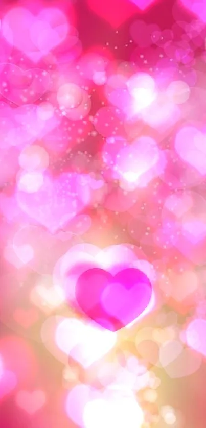 Colorful heart bokeh wallpaper with pink and red shades for mobile screens.