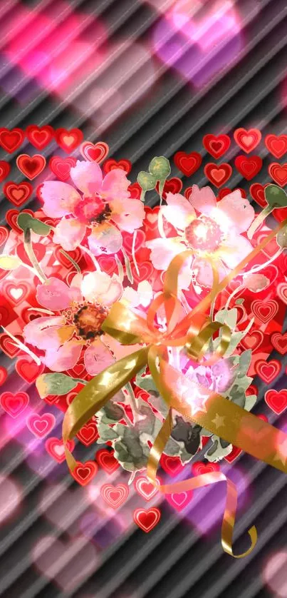 Vibrant heart bouquet wallpaper with pink and red floral designs on a striped background.