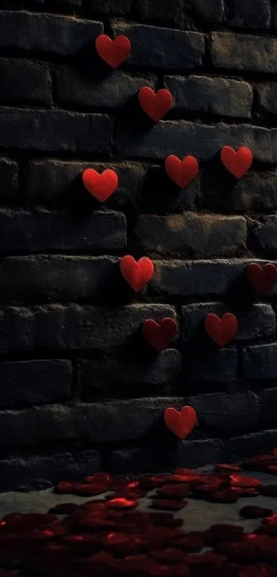 Red hearts on a dark brick wall for a romantic mobile wallpaper.