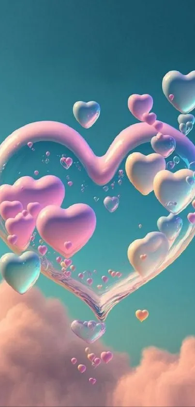 Heart-shaped bubbles in pastel hues against a dreamy cloud background.