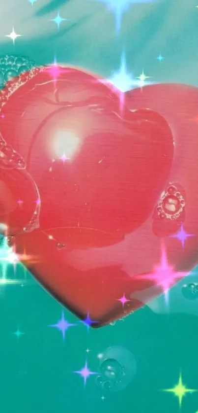 Red heart bubble floating on turquoise water background.