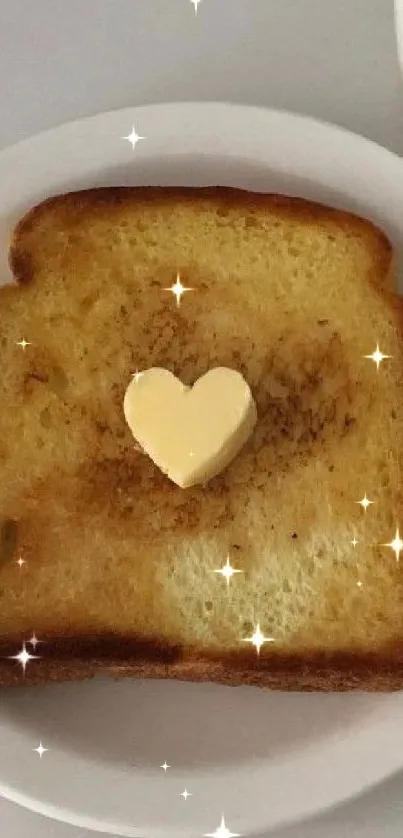 Toast with heart-shaped butter on a white plate and a glass of milk.