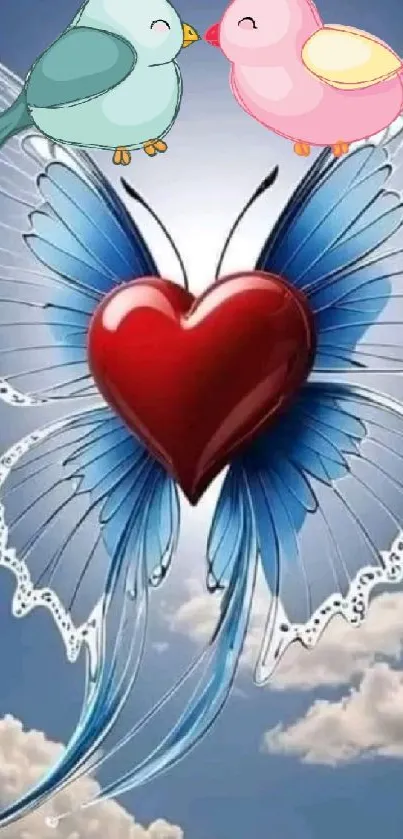 Whimsical heart butterfly with birds in the sky art.