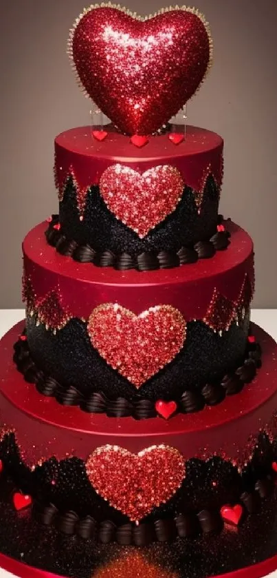 Glittering heart-themed cake wallpaper in red and black hues.