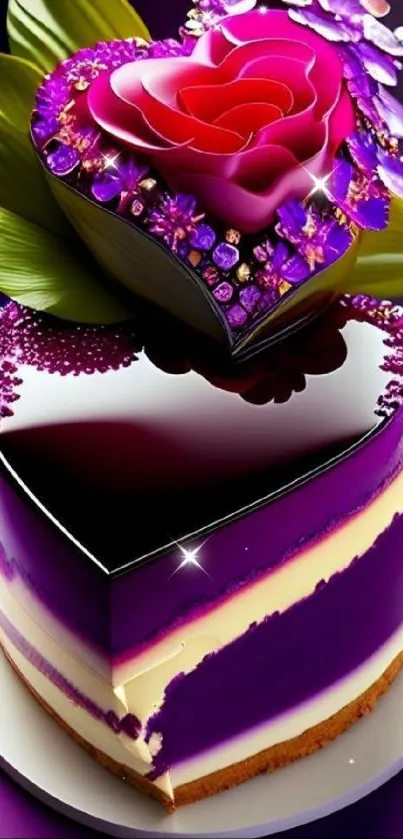 Heart-shaped cake with purple floral topping on a vibrant background.