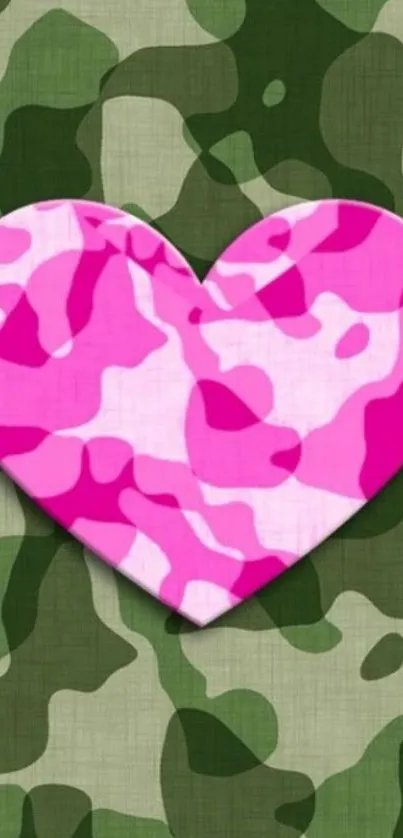 Pink heart on green camouflage background wallpaper.