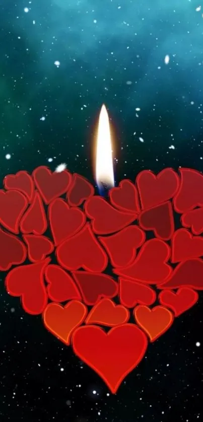 Heart-shaped candle against galaxy backdrop mobile wallpaper.