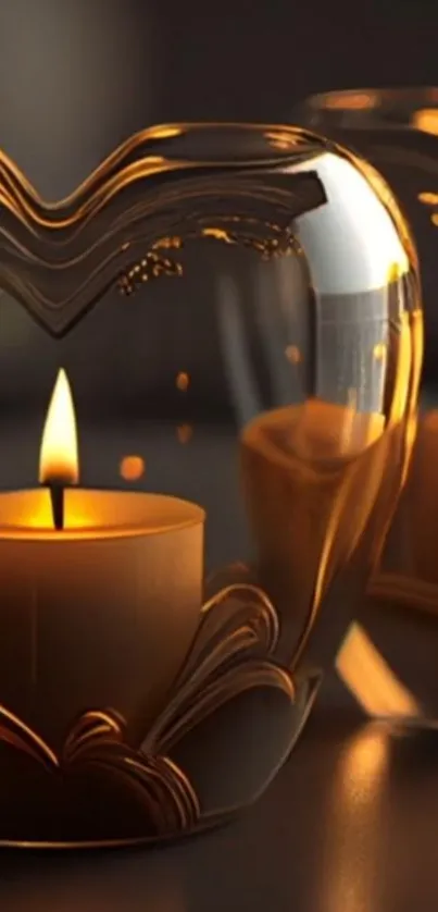 Heart-shaped glass with glowing candle in amber tones.