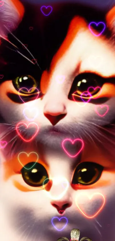 Cute cats with neon heart overlay on mobile wallpaper.