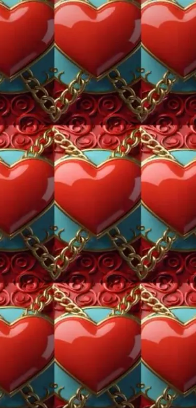 Repeating hearts and chains on colorful background.