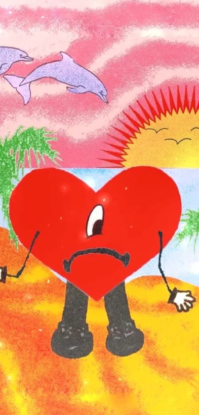 Cartoon heart on tropical beach with sunset and dolphins.