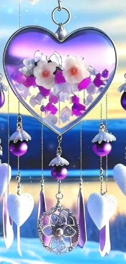 Heart-shaped charm with flowers in a purple winter scene.