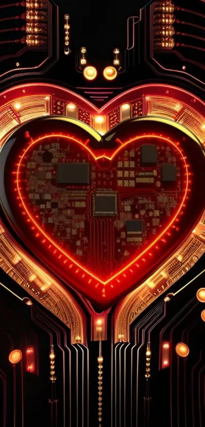 Heart-shaped circuit board with glowing orange accents.