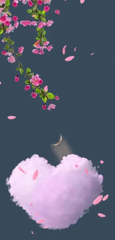 Heart-shaped cloud with pink flowers and crescent moon on dark background.