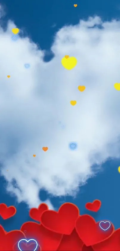 Heart-shaped cloud with red hearts on a blue sky background.