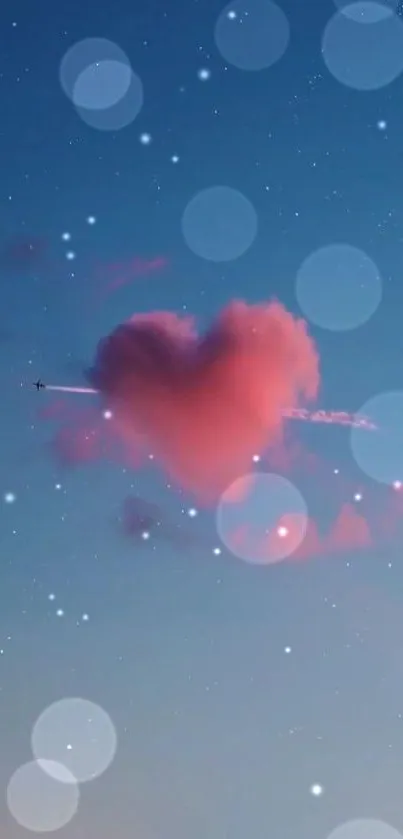 Pink heart-shaped cloud in a starry evening sky with a jet plane.