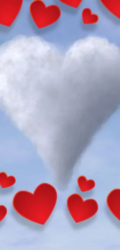 Heart-shaped cloud with red hearts on a blue sky background.