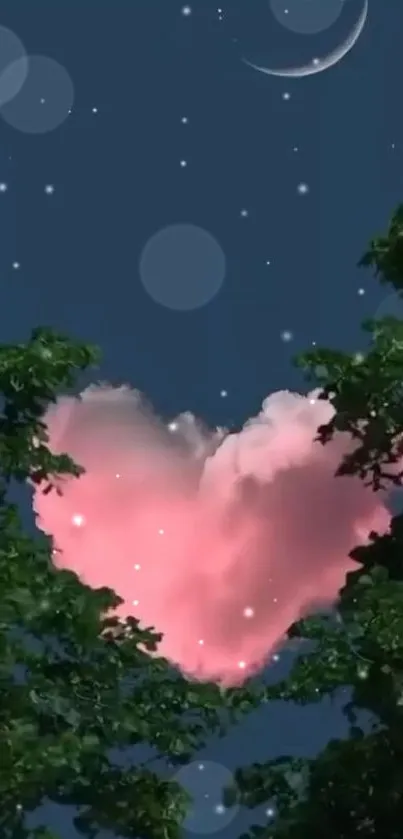 Heart-shaped pink cloud in night sky with crescent moon and trees.