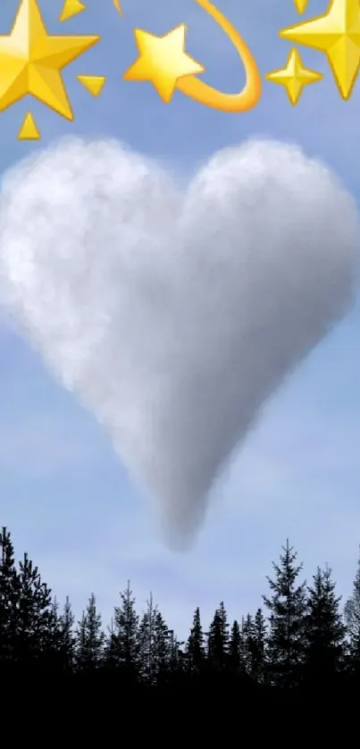 Heart-shaped cloud over forest with blue sky and stars.