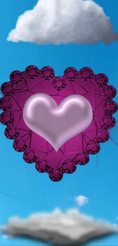 Heart-shaped design against blue sky with clouds.