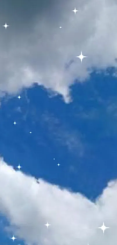 Heart-shaped cloud in a blue sky with fluffy white clouds.