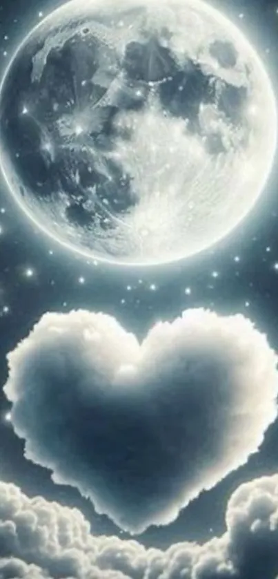 Heart-shaped cloud below a luminous moon in a starry night sky.