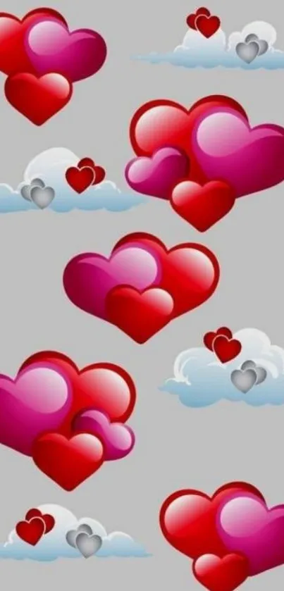 Mobile wallpaper with red and pink hearts in puffy clouds on a grey background.