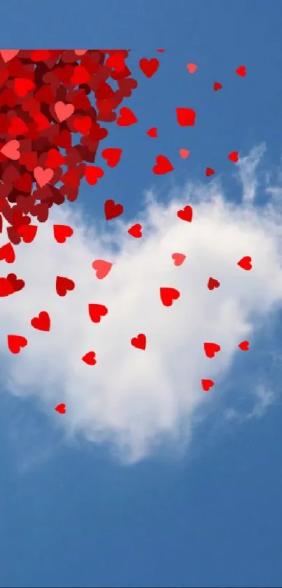 Blue sky with a heart-shaped cloud and red floating hearts.