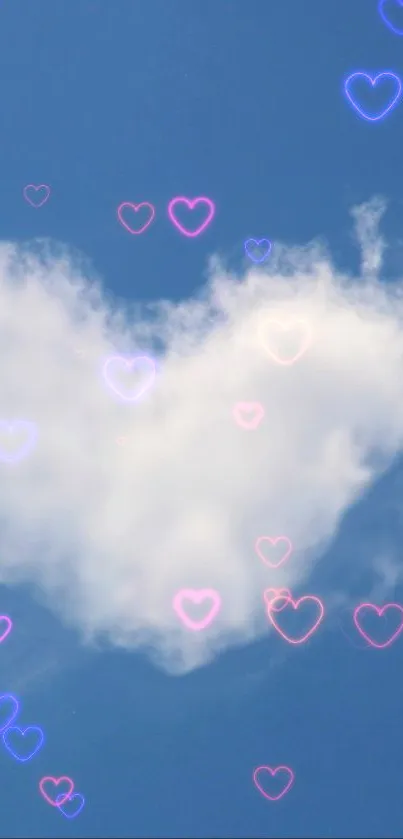 Heart-shaped cloud with neon hearts in a blue sky.