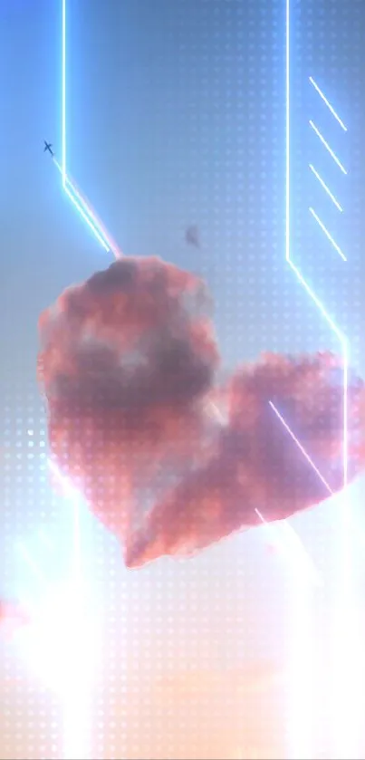 Heart-shaped cloud with neon lines in a blue sky.