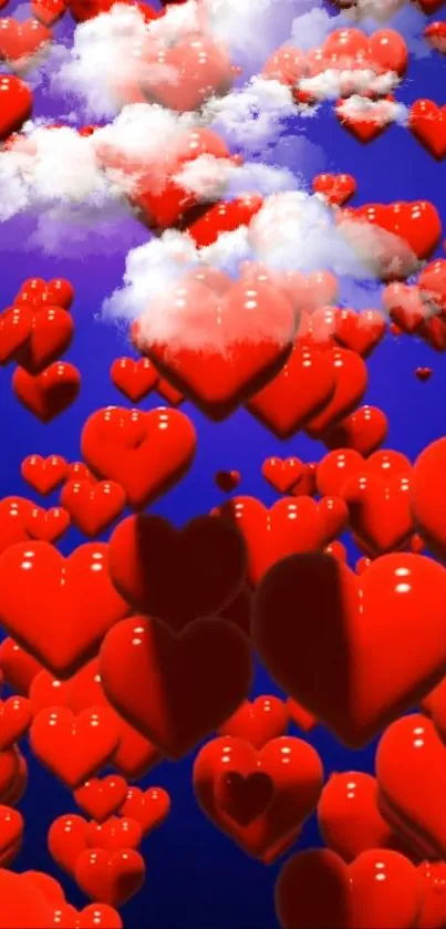 3D red hearts floating in the sky with clouds.