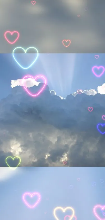 Aesthetic clouds with glowing heart shapes in a bright sky.