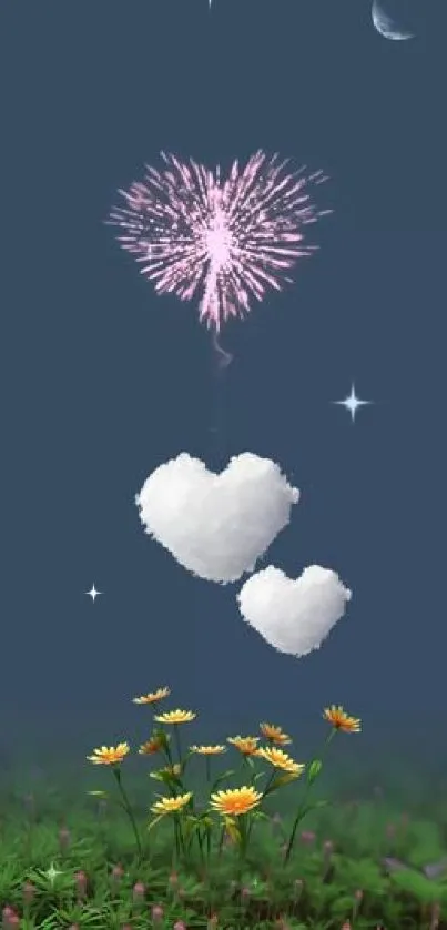 Heart-shaped clouds with fireworks and flowers on a night sky wallpaper.