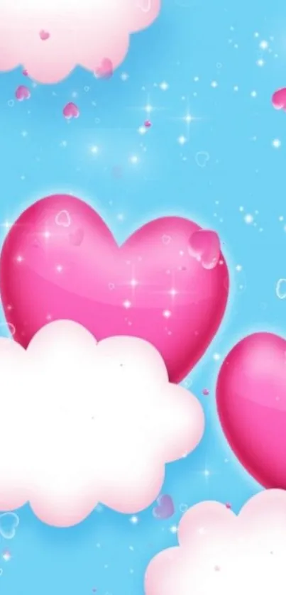 Whimsical mobile wallpaper with pink hearts and clouds.