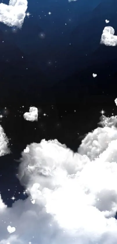 Heart-shaped clouds in a starry night sky wallpaper.