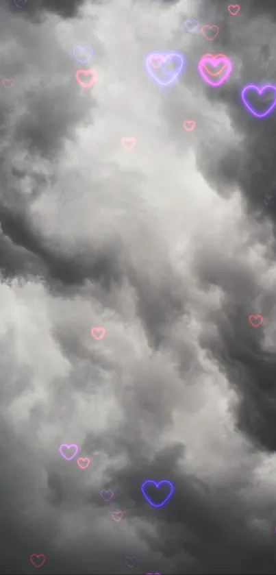 Dark clouds with colorful heart shapes streaming through.