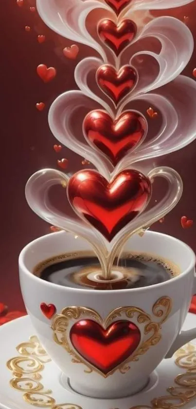 Romantic coffee with floating heart design and rich red hues.