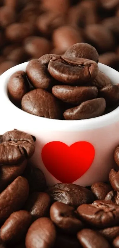 Heart cup filled with coffee beans in focus.