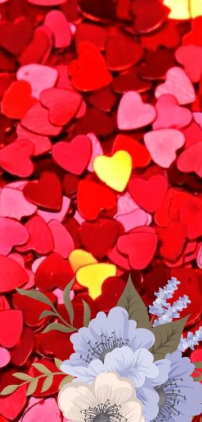 Vibrant heart confetti with floral accents in red and pink tones.