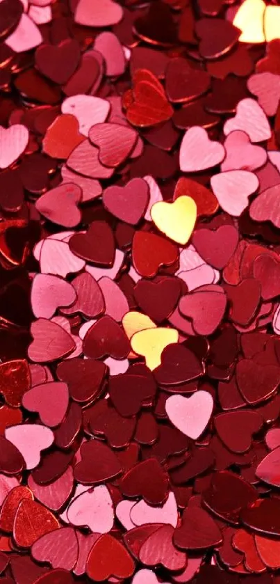 Heart confetti wallpaper with red and pink tones, perfect for romantic themes.