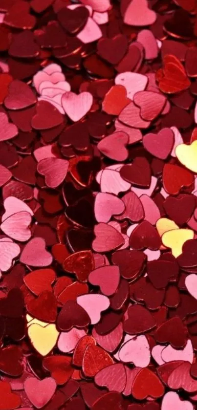 Vibrant heart confetti wallpaper in red and pink hues with golden accents.